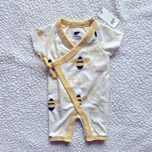 Monica + Andy newborn yellow bumble bee kimono style short sleeved romper